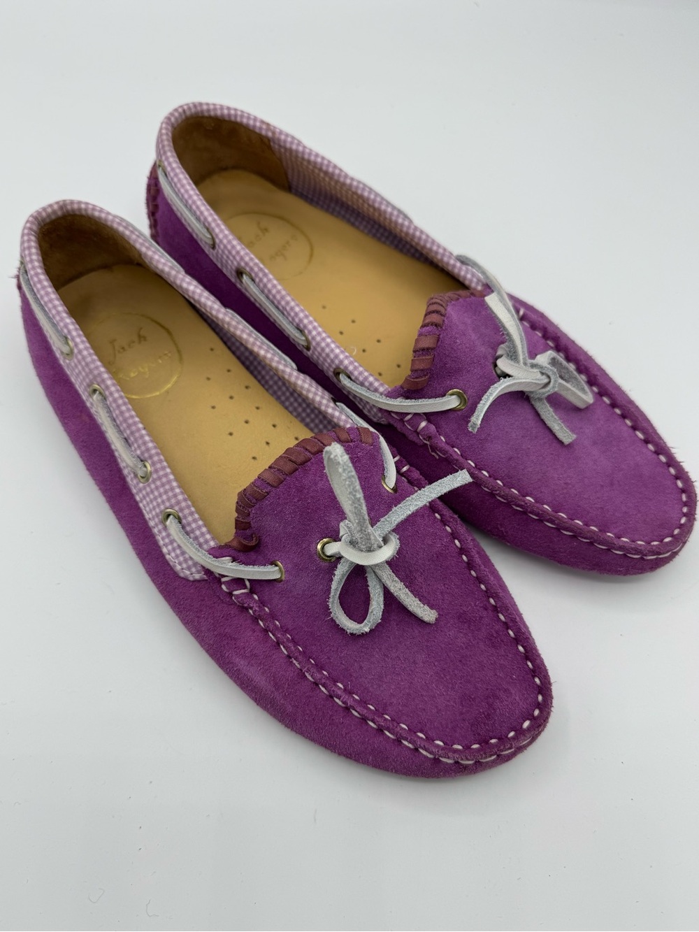 Jack rogers Tatum driving shoe moccasins magenta purple suede and purple gingham